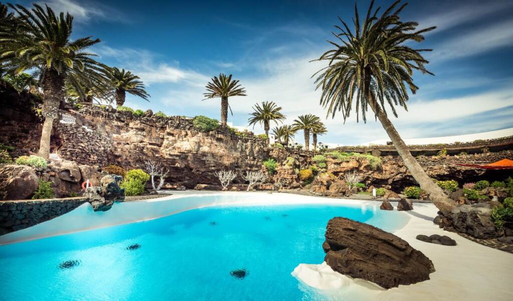 Une piscine lagon avec le l'eau claire entourée par des arbres