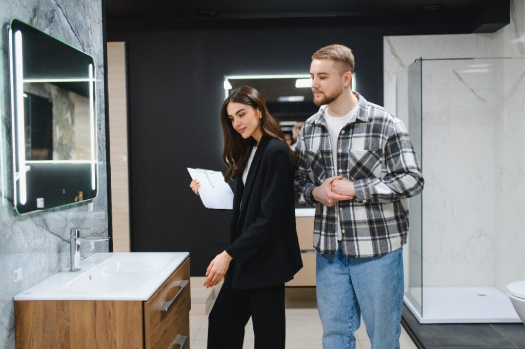 Des personnes choisissant des meubles pour une salle de bain