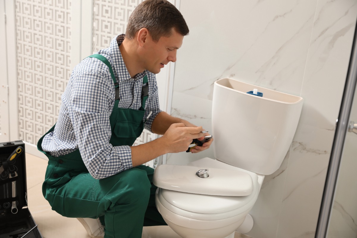 Un plombier qui répare la toilette