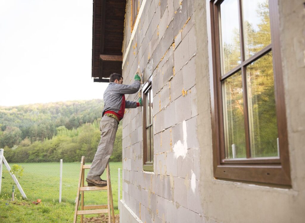 Un homme réalisant du plâtrage sur le mur extérieur